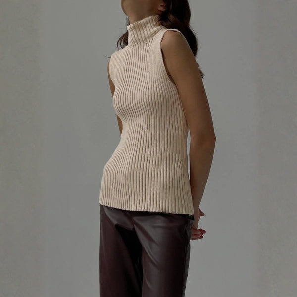 Dames mouwloze pullover met opstaande kraag en rechte zoom