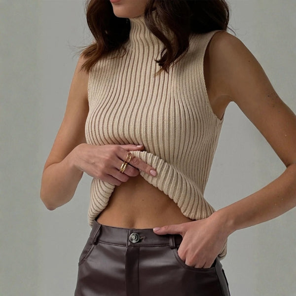 Dames mouwloze pullover met opstaande kraag en rechte zoom