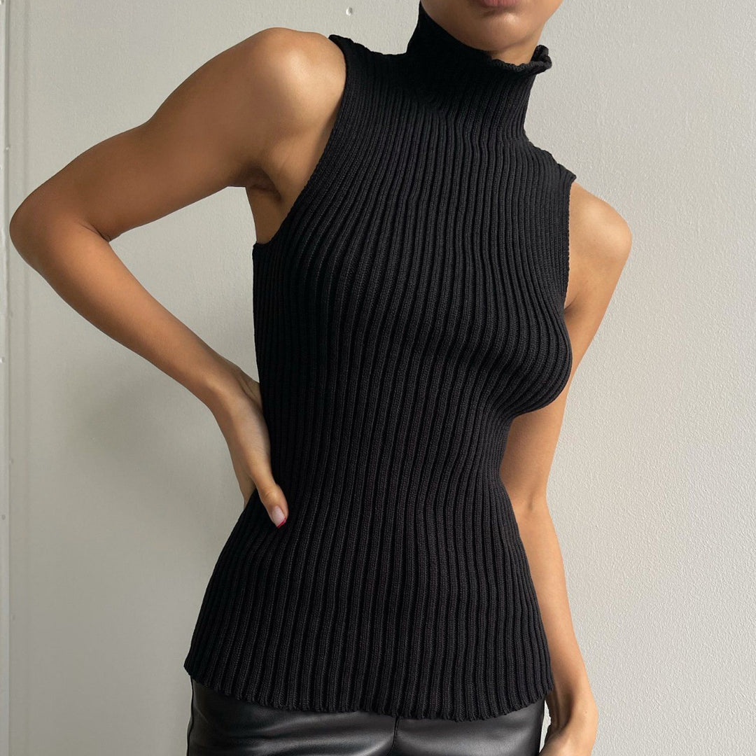 Dames mouwloze pullover met opstaande kraag en rechte zoom