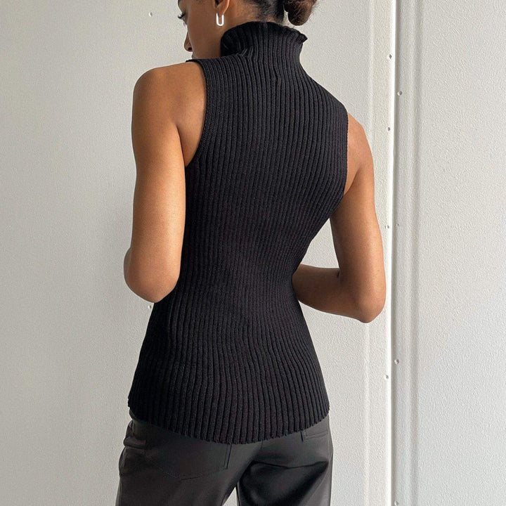 Dames mouwloze pullover met opstaande kraag en rechte zoom