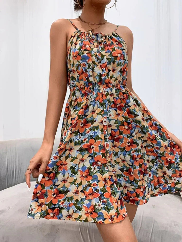 Damen Ärmelloses Blumenkleid mit Spaghettiträgern und gerafftem Dekolleté