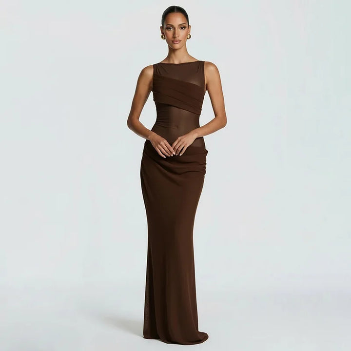 Damen Ärmelloses Maxi-Kleid mit Bootsausschnitt und transparentem Mesh-Einsatz mit drapiertem Hüftbereich