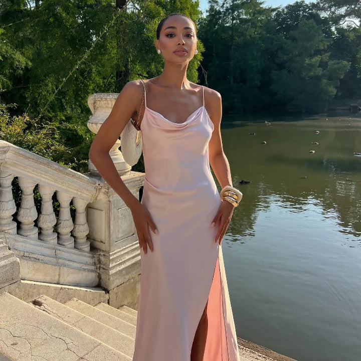 Dames mouwloze maxi-jurk met watervalhals, spaghettibandjes en zijsplit