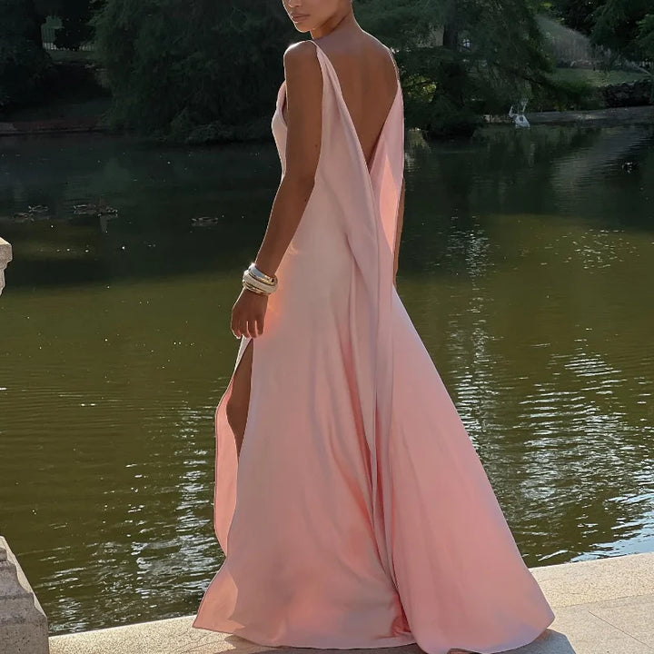 Dames mouwloze maxi-jurk met watervalhals, spaghettibandjes en zijsplit