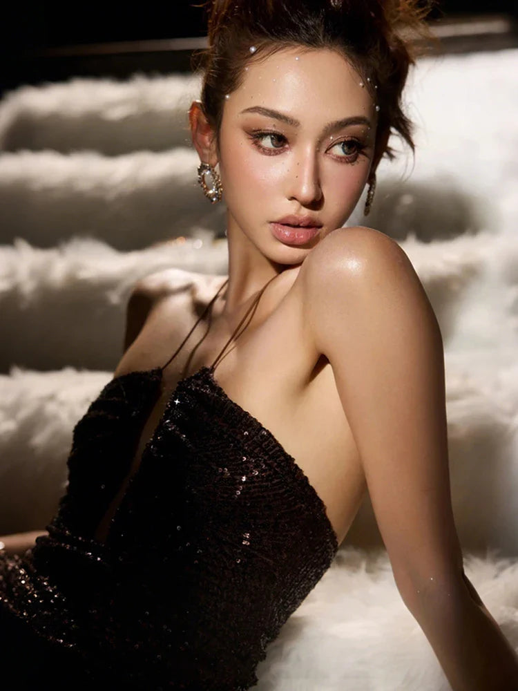 Dames mouwloze maxi-jurk met dunne bandjes en pailletten aan de bovenkant met ruches