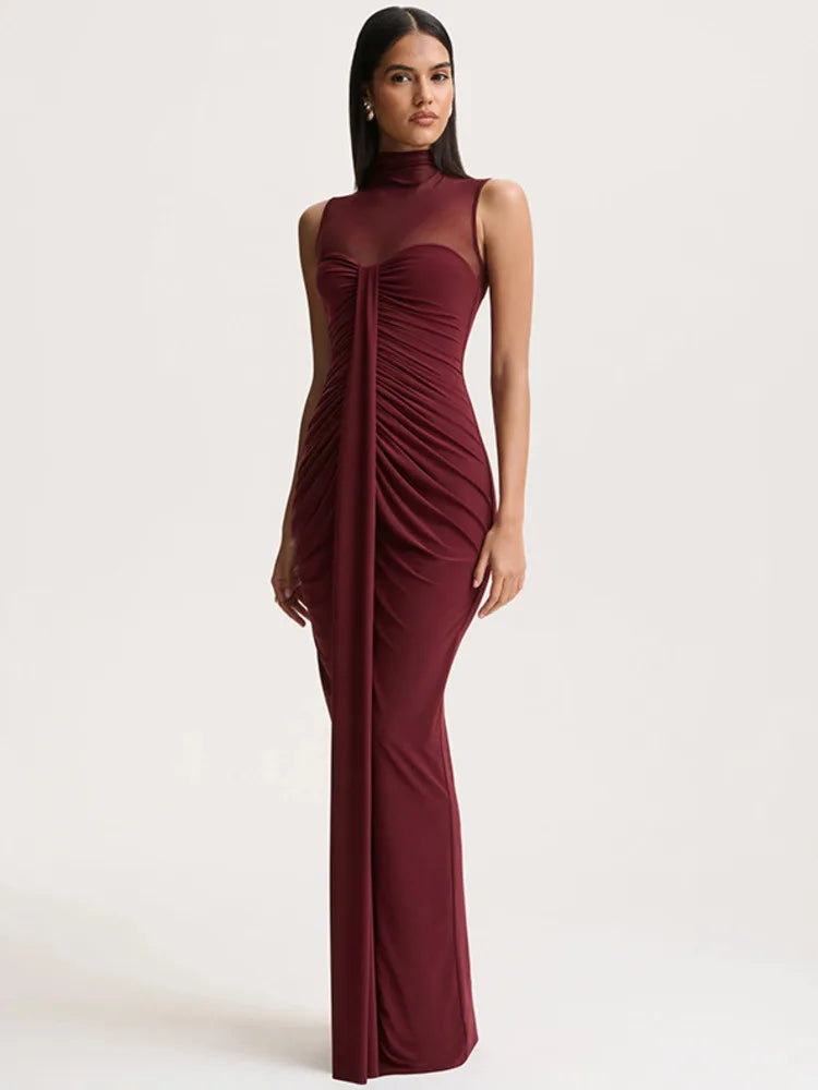 Dames mouwloze maxi-jurk met hoge hals en transparant mesh-inzetstuk met ruches aan de voorkant