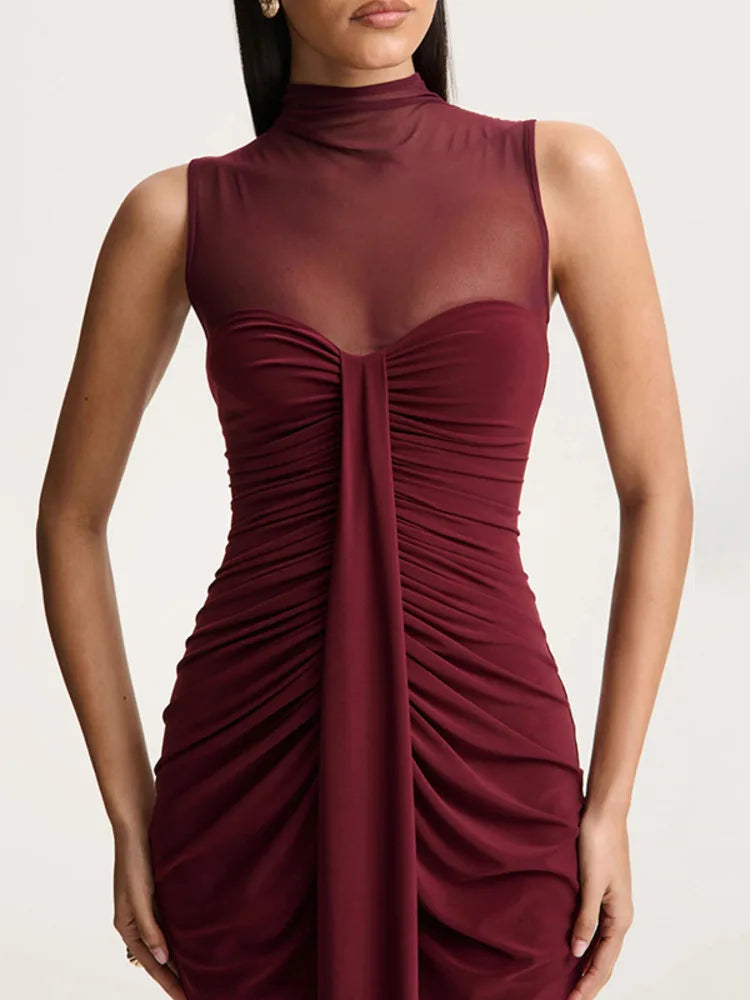 Dames mouwloze maxi-jurk met hoge hals en transparant mesh-inzetstuk met ruches aan de voorkant