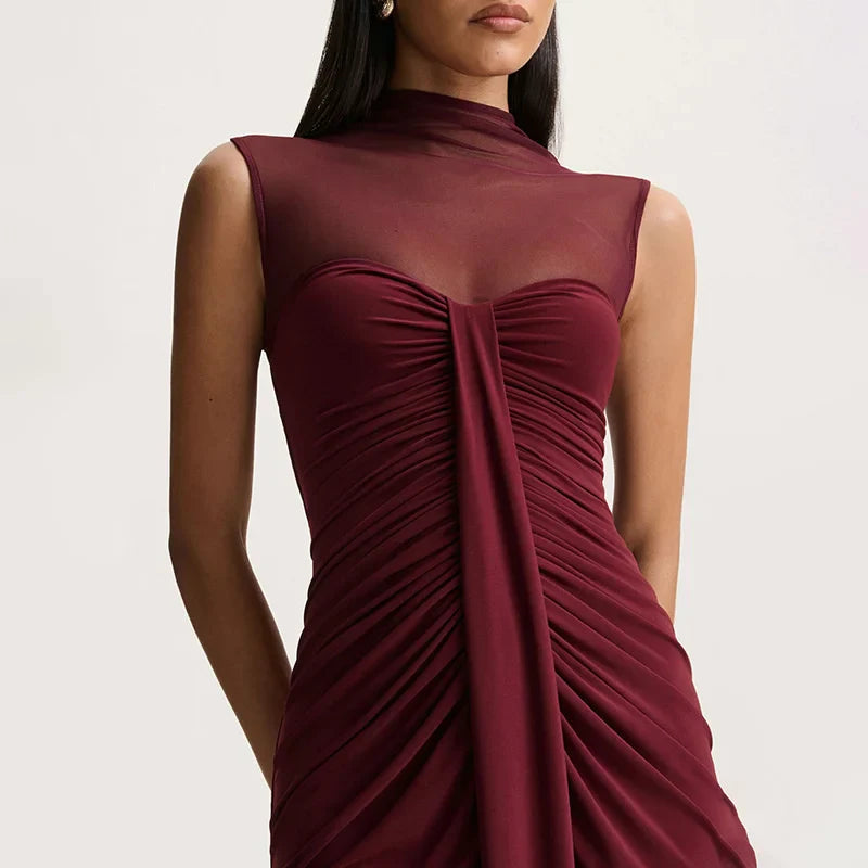 Dames mouwloze maxi-jurk met hoge hals en transparant mesh-inzetstuk met ruches aan de voorkant