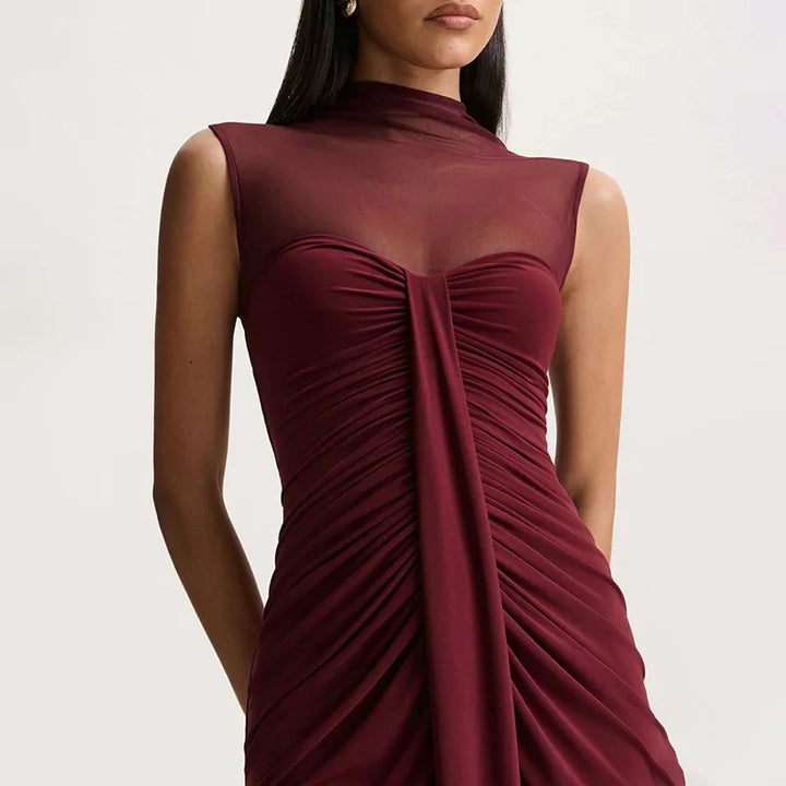 Dames mouwloze maxi-jurk met hoge hals en transparant mesh-inzetstuk met ruches aan de voorkant