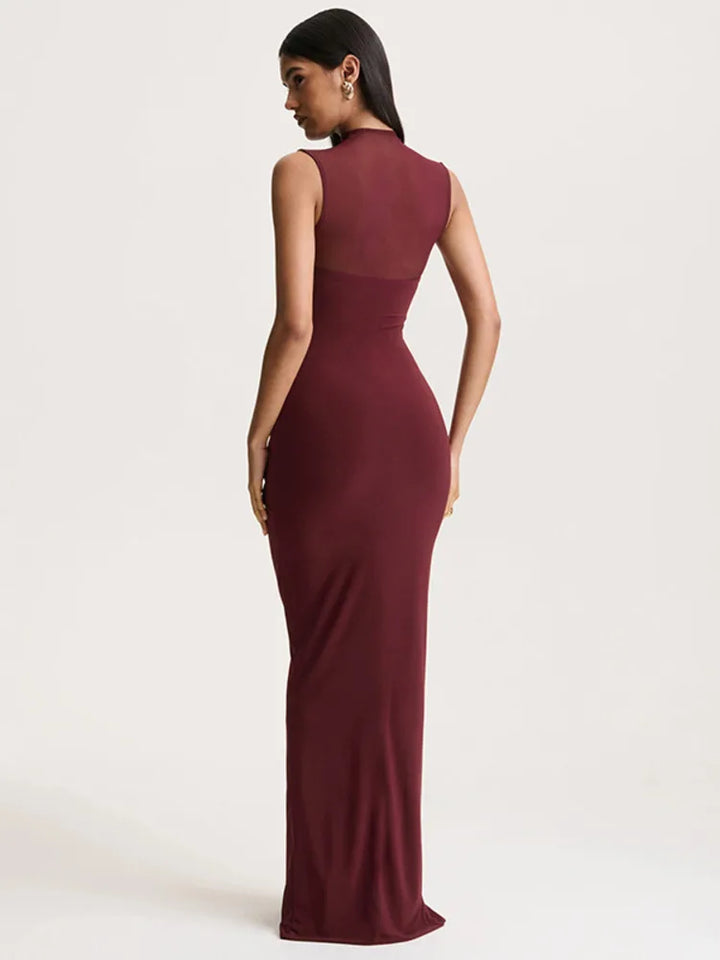 Dames mouwloze maxi-jurk met hoge hals en transparant mesh-inzetstuk met ruches aan de voorkant