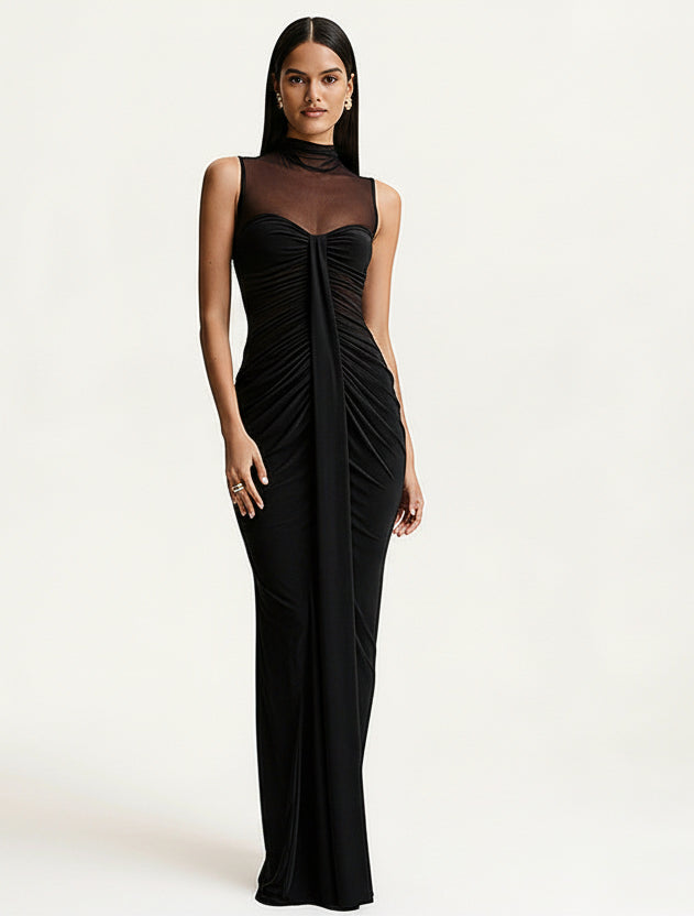 Dames mouwloze maxi-jurk met hoge hals en transparant mesh-inzetstuk met ruches aan de voorkant