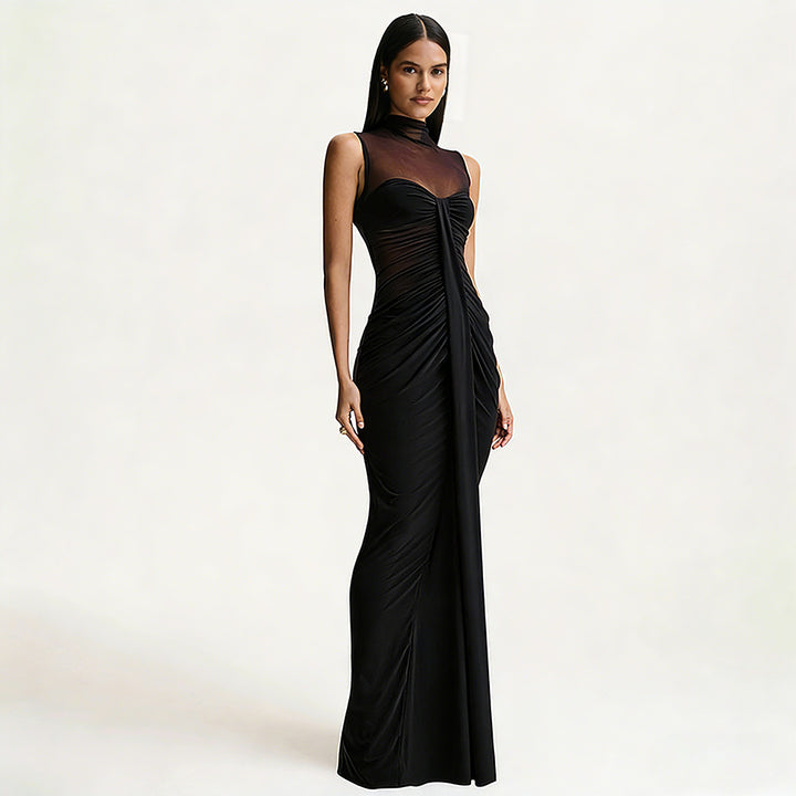 Dames mouwloze maxi-jurk met hoge hals en transparant mesh-inzetstuk met ruches aan de voorkant