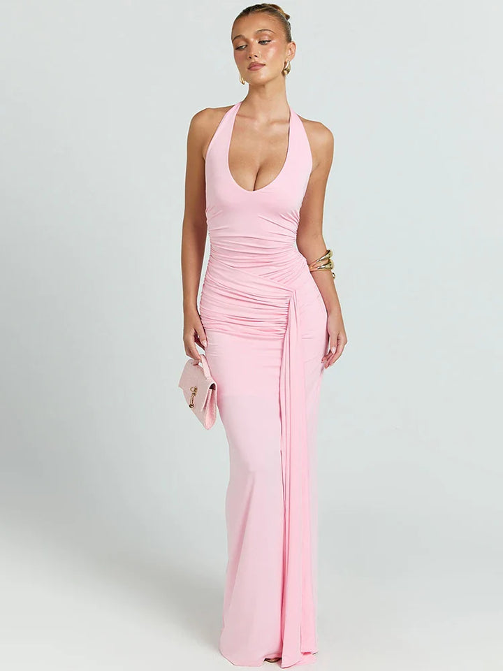 Dames mouwloze maxi-jurk met diepe halter V-hals en geplooide bandjes en open rug