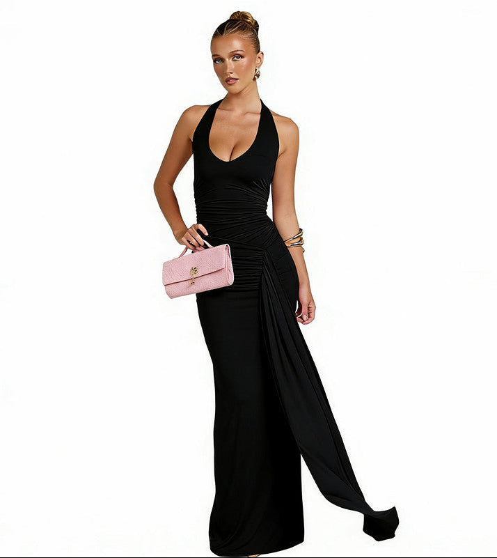 Dames mouwloze maxi-jurk met diepe halter V-hals en geplooide bandjes en open rug