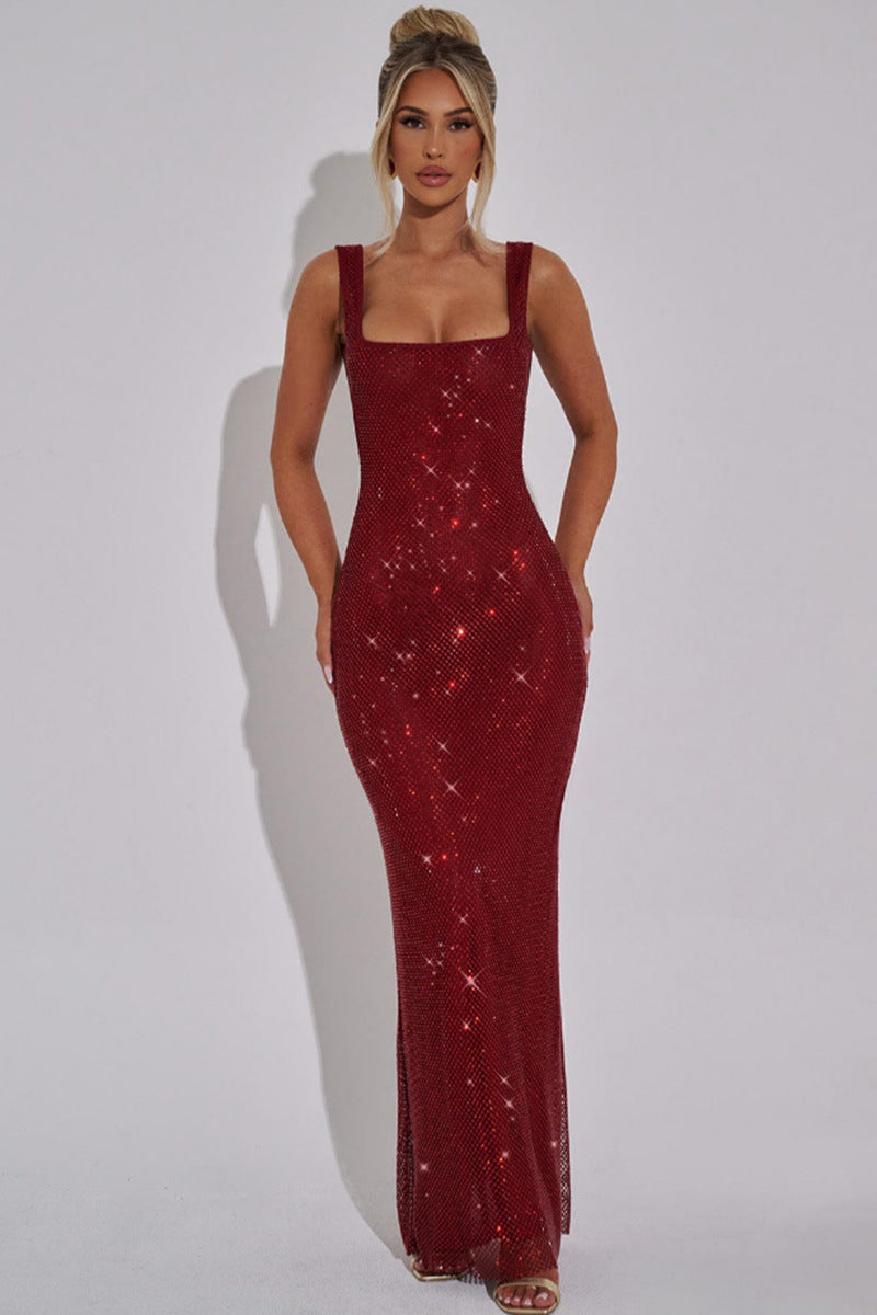 Damen Ärmelloses Maxikleid mit Karree-Ausschnitt und Glitzer-Netzstruktur