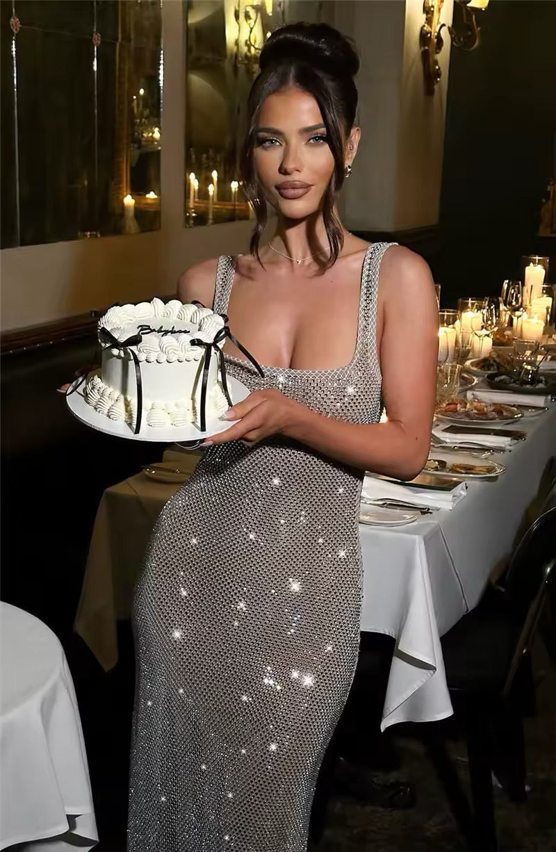 Damen Ärmelloses Maxikleid mit Karree-Ausschnitt und Glitzer-Netzstruktur