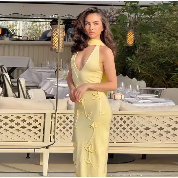 Dames mouwloze maxi-jurk met halternek en diepe V-hals met strikapplicaties