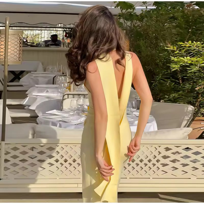 Dames mouwloze maxi-jurk met halternek en diepe V-hals met strikapplicaties