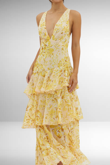 Dames mouwloze maxi-jurk met diepe V-hals, rucheslagen en gekruiste rugbanden