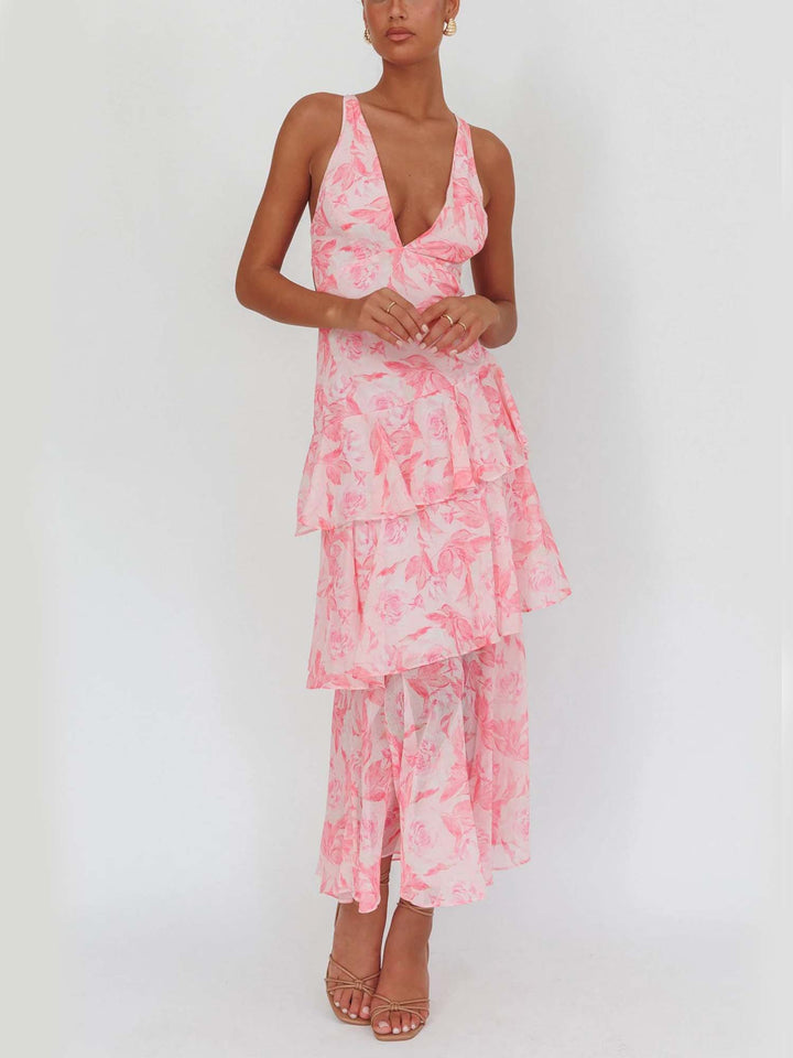 Dames mouwloze maxi-jurk met diepe V-hals, rucheslagen en gekruiste rugbanden