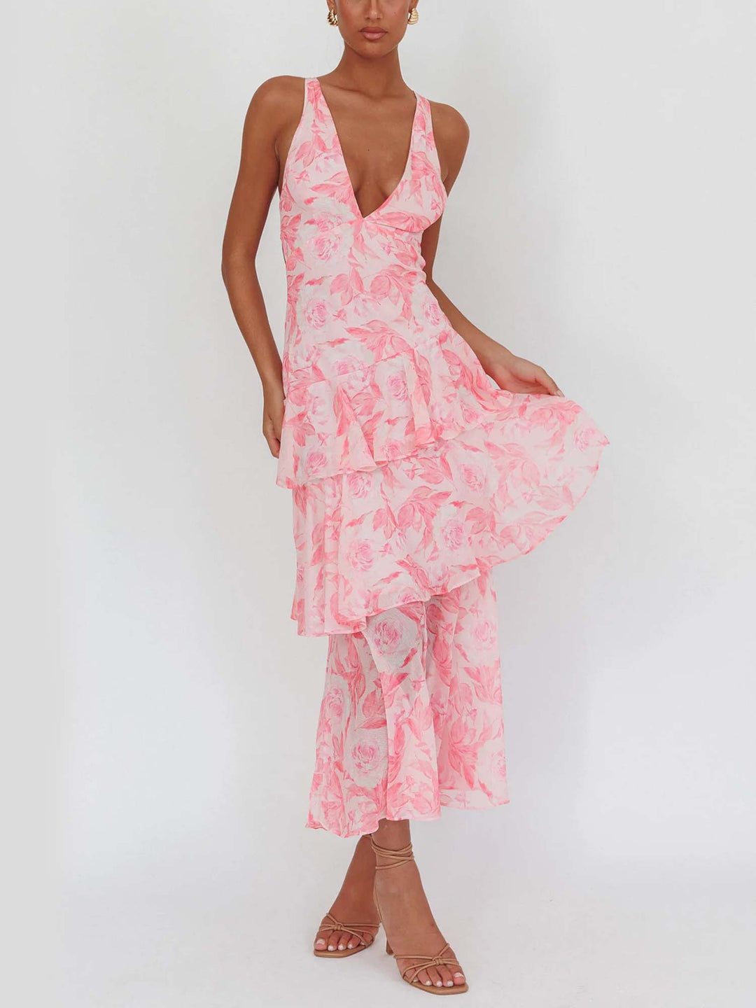 Dames mouwloze maxi-jurk met diepe V-hals, rucheslagen en gekruiste rugbanden