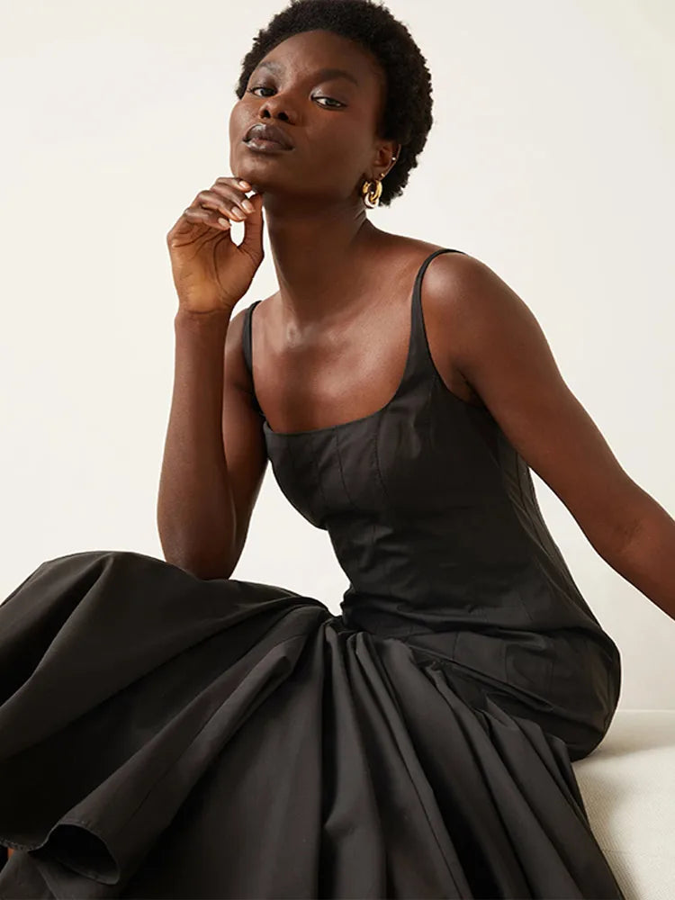 Dames Mouwloze Midi Jurk met Vierkante Halslijn en Riemen met Gevouwen Ruches Rok