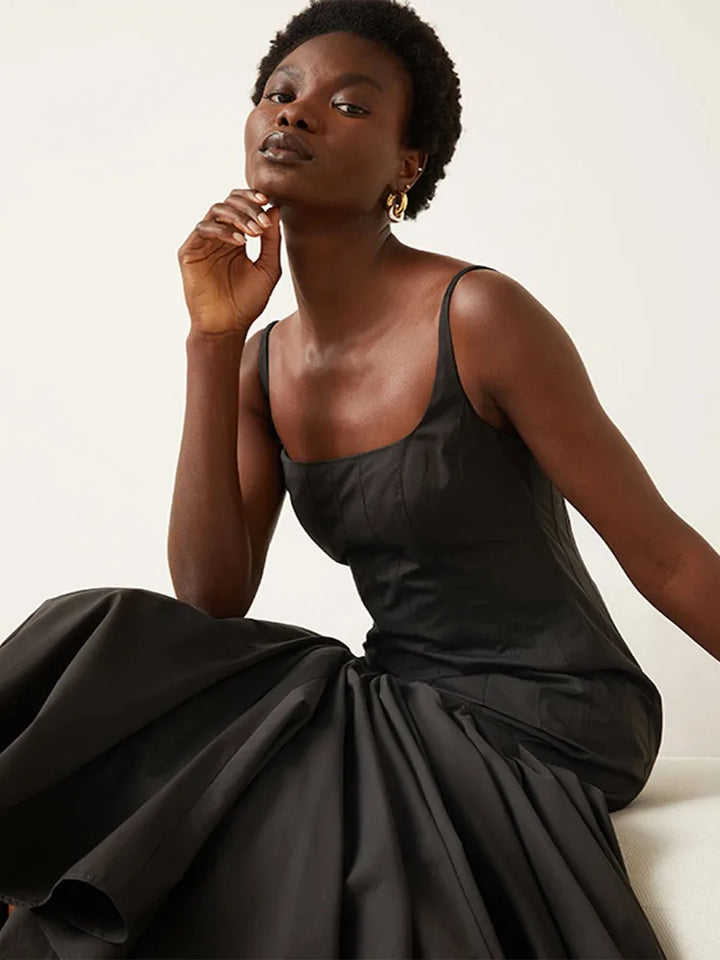 Dames Mouwloze Midi Jurk met Vierkante Halslijn en Riemen met Gevouwen Ruches Rok