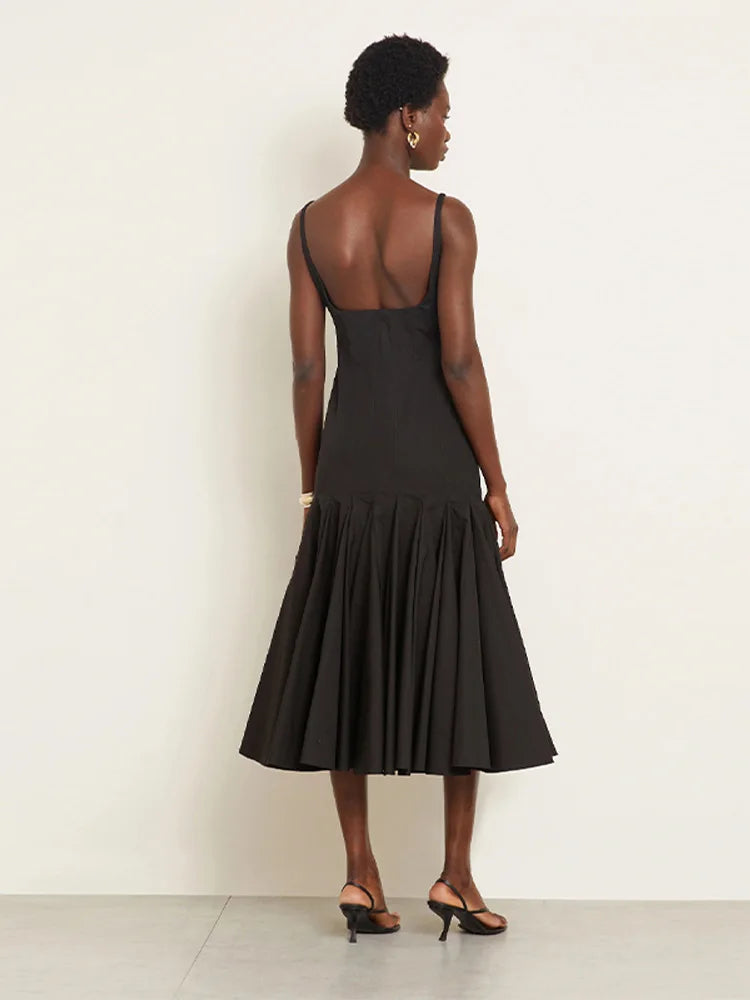 Dames Mouwloze Midi Jurk met Vierkante Halslijn en Riemen met Gevouwen Ruches Rok