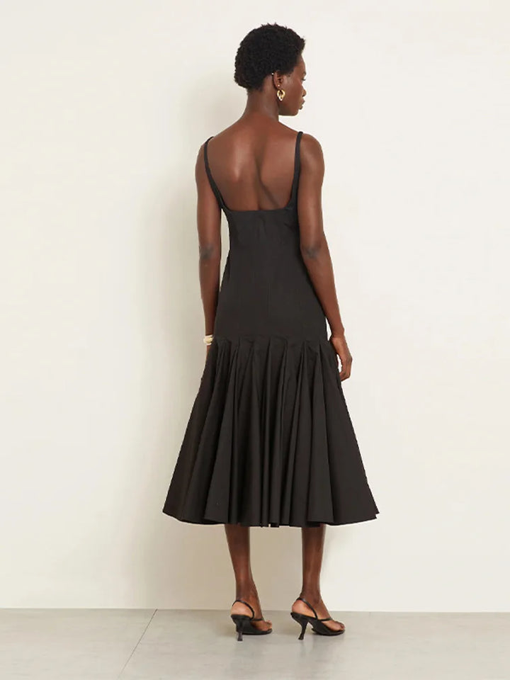 Dames Mouwloze Midi Jurk met Vierkante Halslijn en Riemen met Gevouwen Ruches Rok