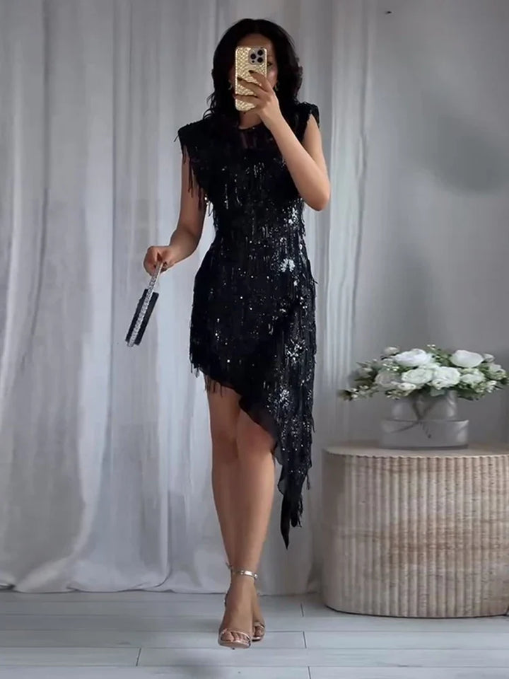 Dames mouwloze midi-jurk met pailletten en franjes met asymmetrische zoom