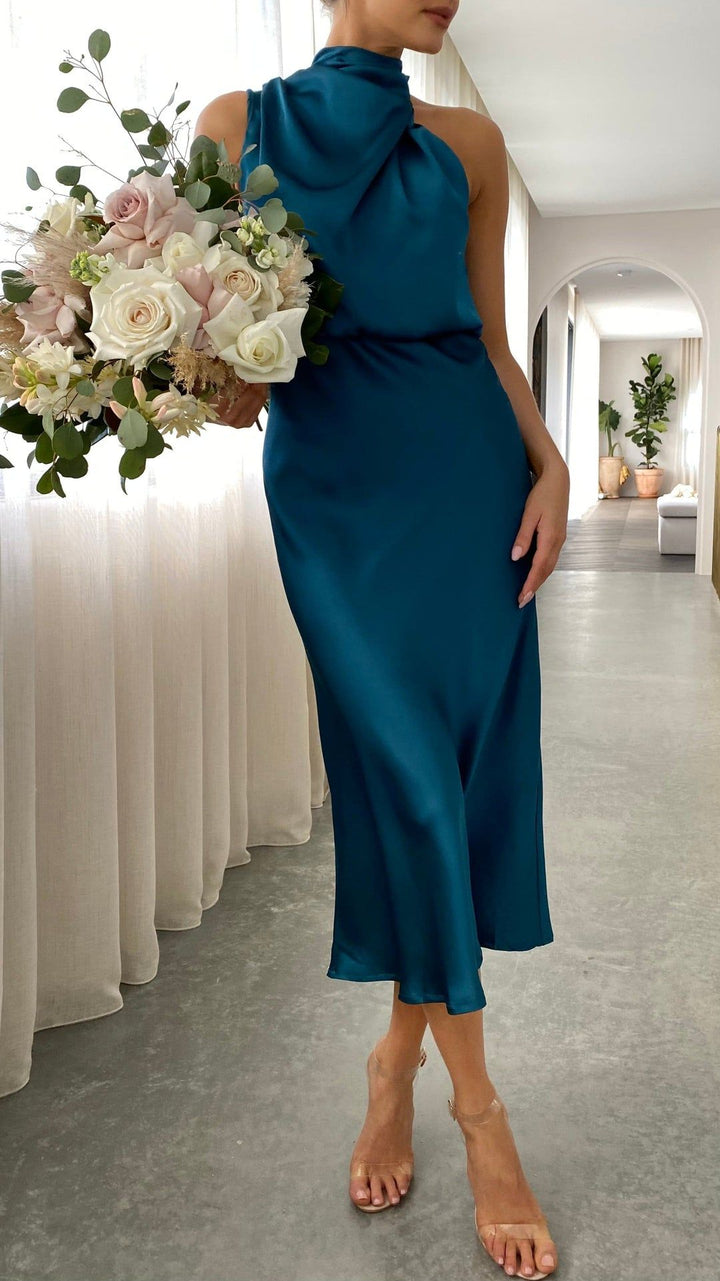 Damen Ärmelloses Midikleid mit Hohem Kragen und Drapierung in Satinoptik