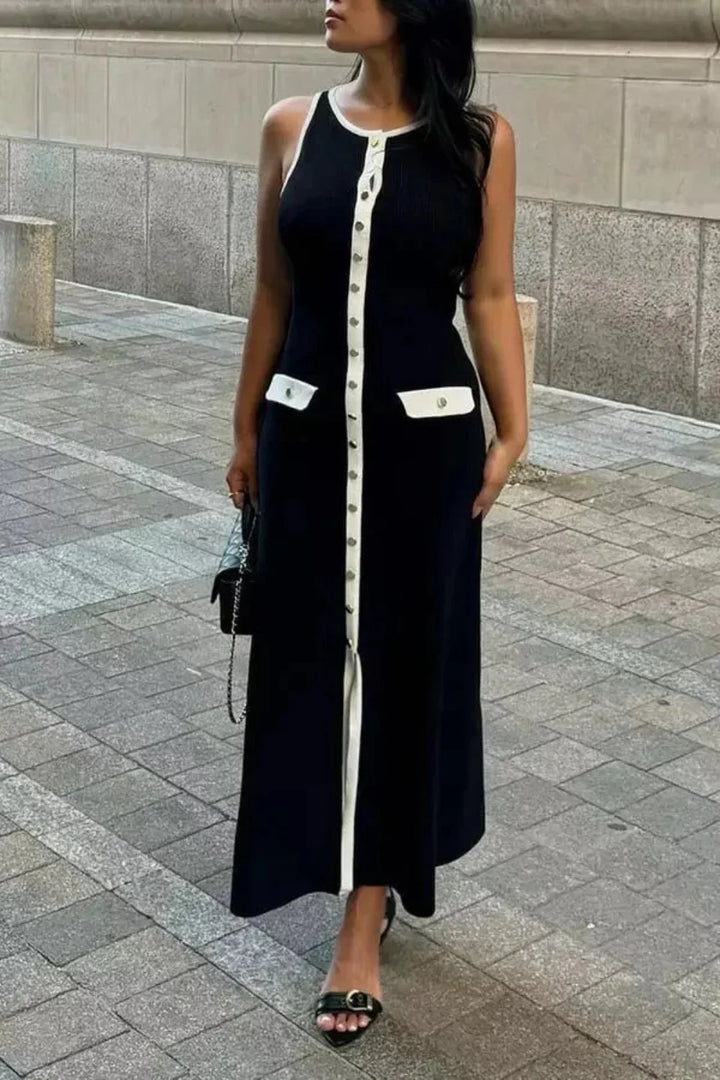 Dames mouwloze midi-jurk met ronde hals, knoopsluiting, klepzakken en contrasterende biezen