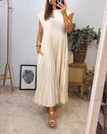 Damen Ärmelloses Plissee-Maxikleid mit Rundhals und Seitentasche