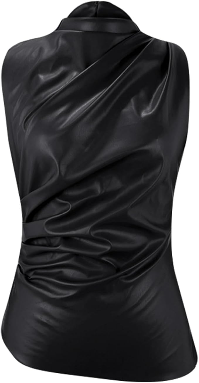 Dames mouwloze top met opstaande kraag, plooitjes aan de zijkant en een glanzende afwerking