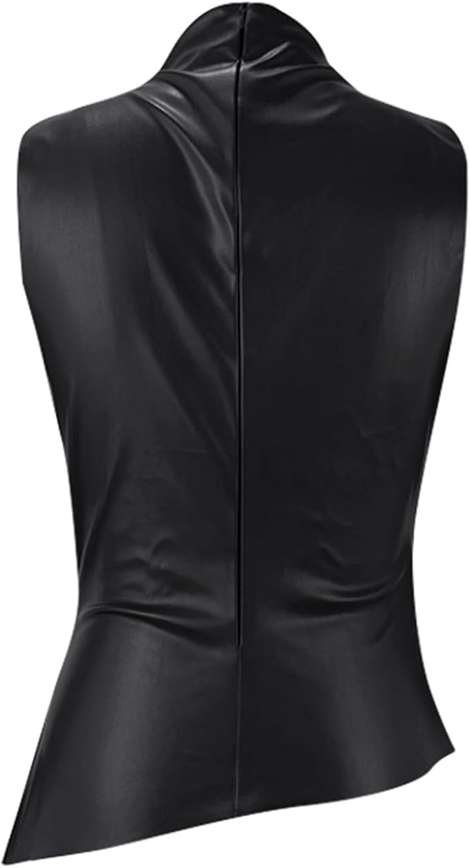 Dames mouwloze top met opstaande kraag, plooitjes aan de zijkant en een glanzende afwerking