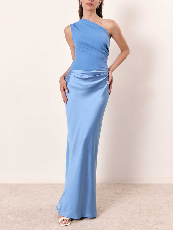 Dames Asymmetrische Maxi Jurk met One-Shoulder Bandje en Gedrapeerd Bovenstuk en Heupplooi