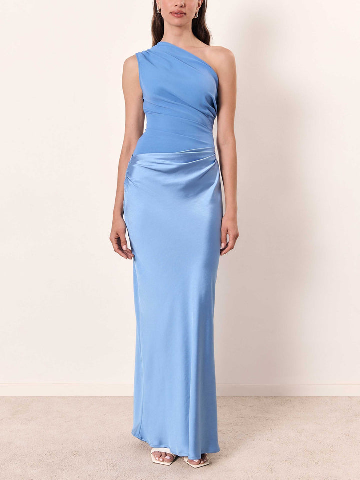 Dames Asymmetrische Maxi Jurk met One-Shoulder Bandje en Gedrapeerd Bovenstuk en Heupplooi