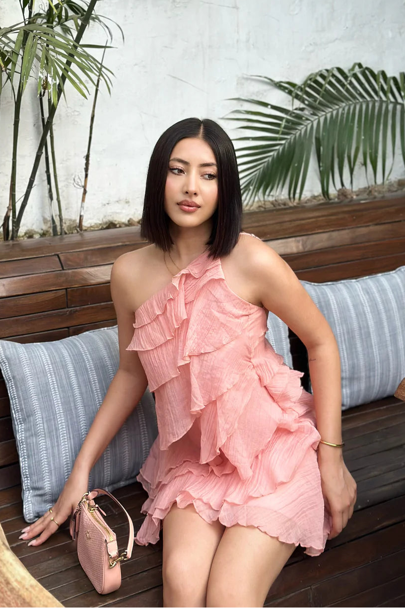 Dames Asymmetrische Minijurk met Rucheslagen en Spaghettibandjes