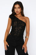 Damen Asymmetrisches Schulter-Top mit Spitzenmuster und diagonalem Saum