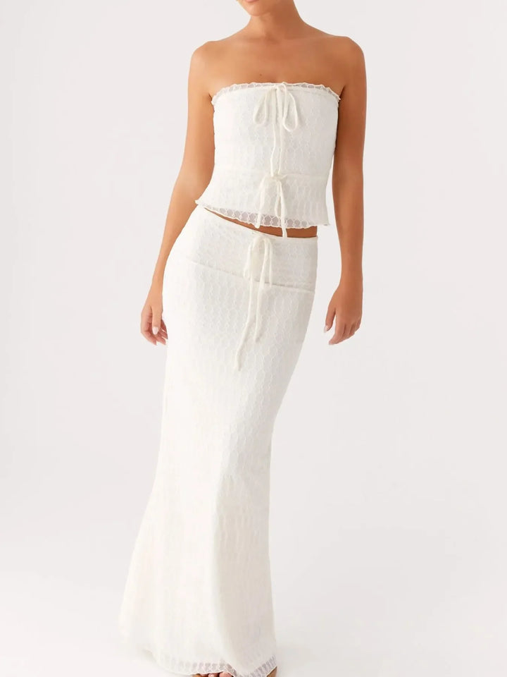 Damen Bandeau-Set mit Bindeverschluss Wabenmuster-Oberfläche und Maxi-Rock