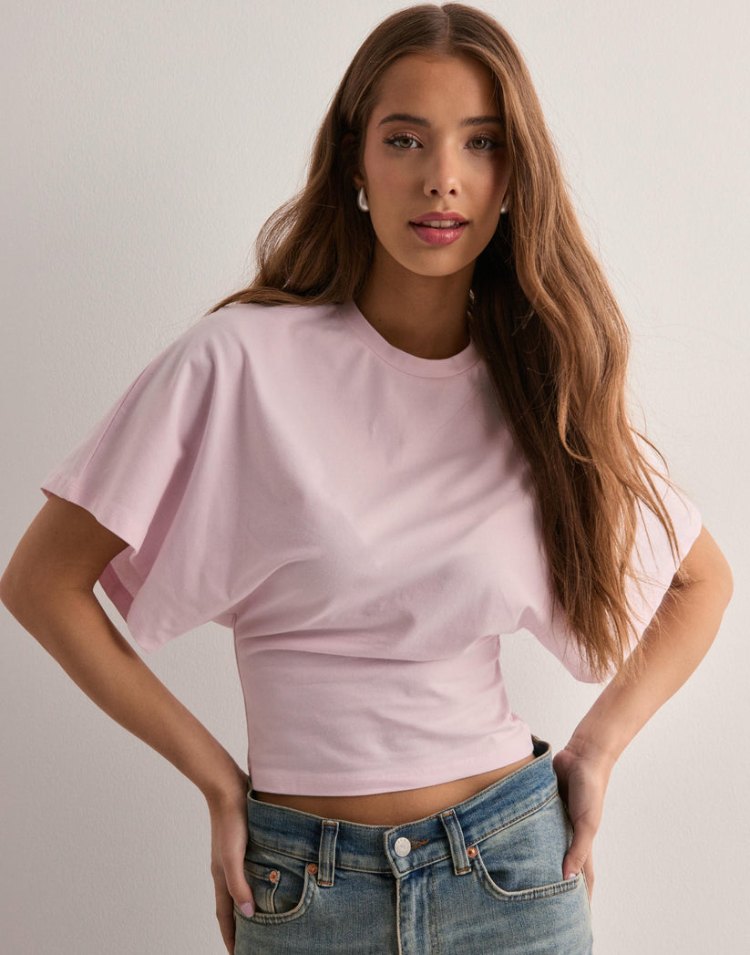 Dames crop top met wijde mouwen en ronde hals met geplooide voorkant