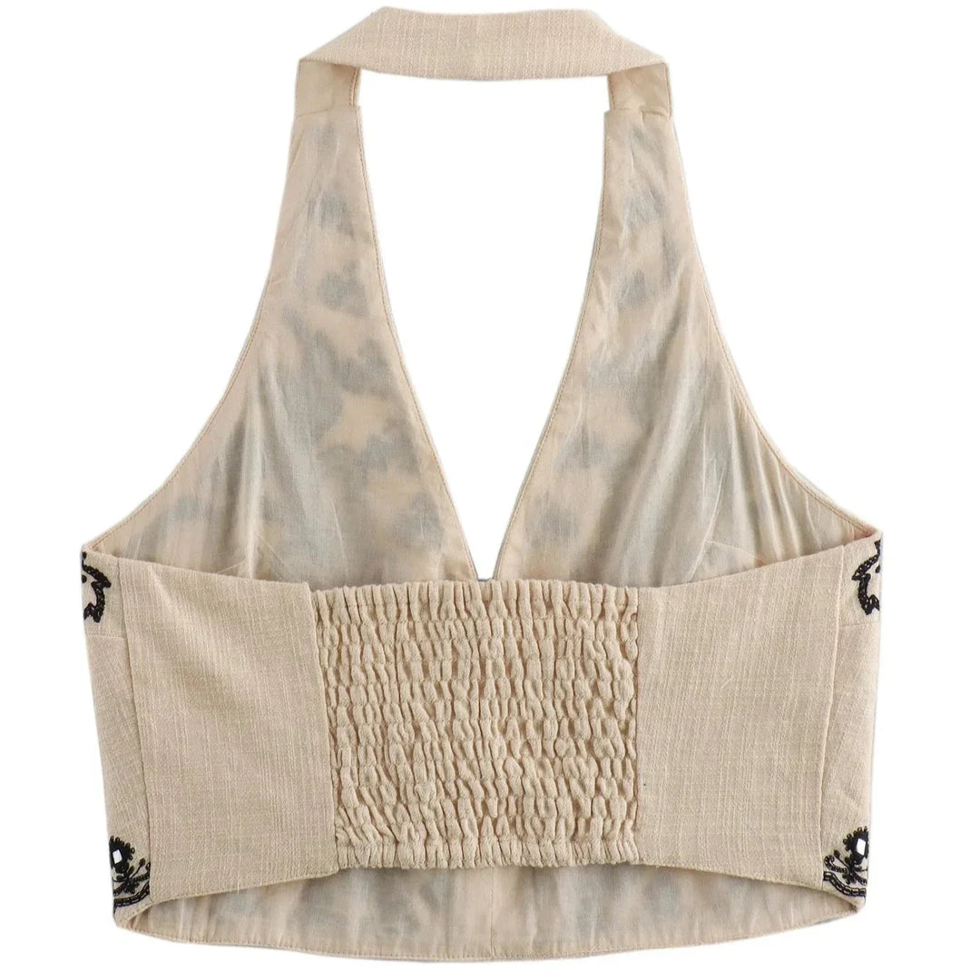 Damen Besticktes Sommer-Set mit Halter-Neck-Top V-Ausschnitt und Mini-Rock