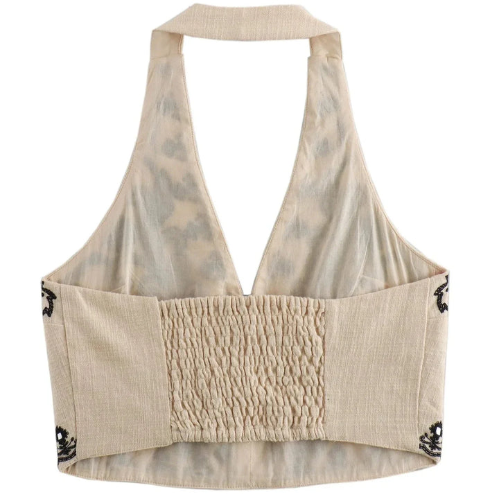 Damen Besticktes Sommer-Set mit Halter-Neck-Top V-Ausschnitt und Mini-Rock