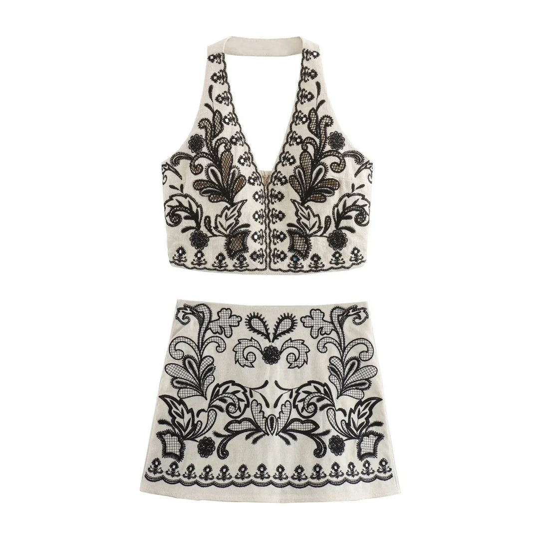 Damen Besticktes Sommer-Set mit Halter-Neck-Top V-Ausschnitt und Mini-Rock