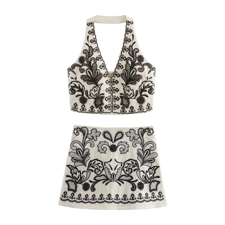 Damen Besticktes Sommer-Set mit Halter-Neck-Top V-Ausschnitt und Mini-Rock