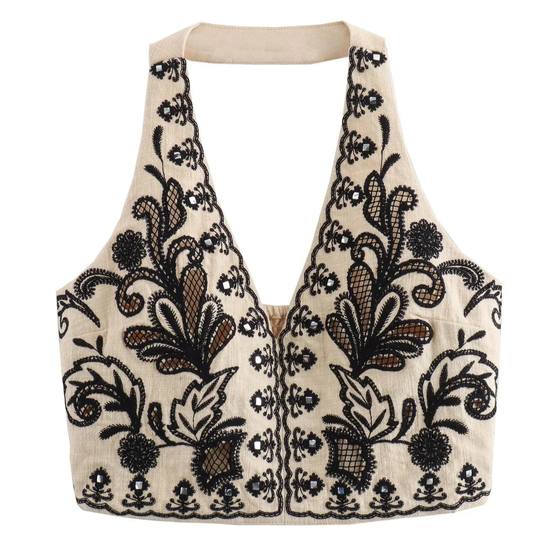 Damen Besticktes Sommer-Set mit Halter-Neck-Top V-Ausschnitt und Mini-Rock