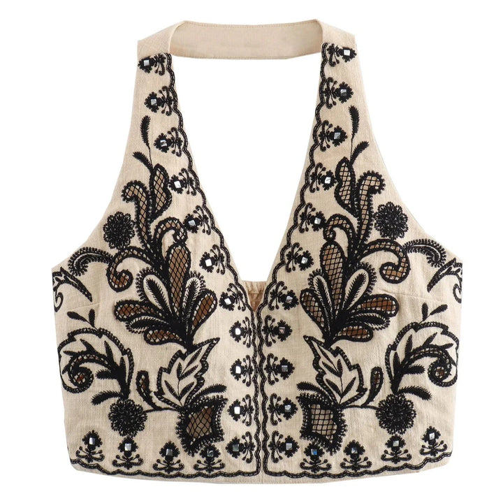 Damen Besticktes Sommer-Set mit Halter-Neck-Top V-Ausschnitt und Mini-Rock
