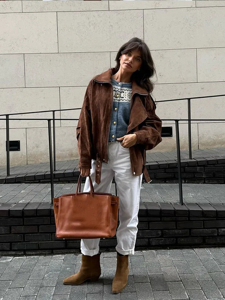 Damen Bikerjacke mit übergroßem Reverskragen und diagonalem Reißverschluss