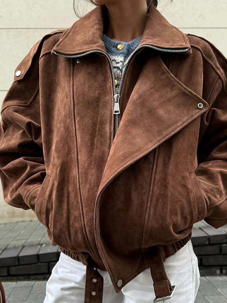 Damen Bikerjacke mit übergroßem Reverskragen und diagonalem Reißverschluss