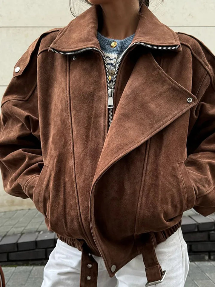 Damen Bikerjacke mit übergroßem Reverskragen und diagonalem Reißverschluss